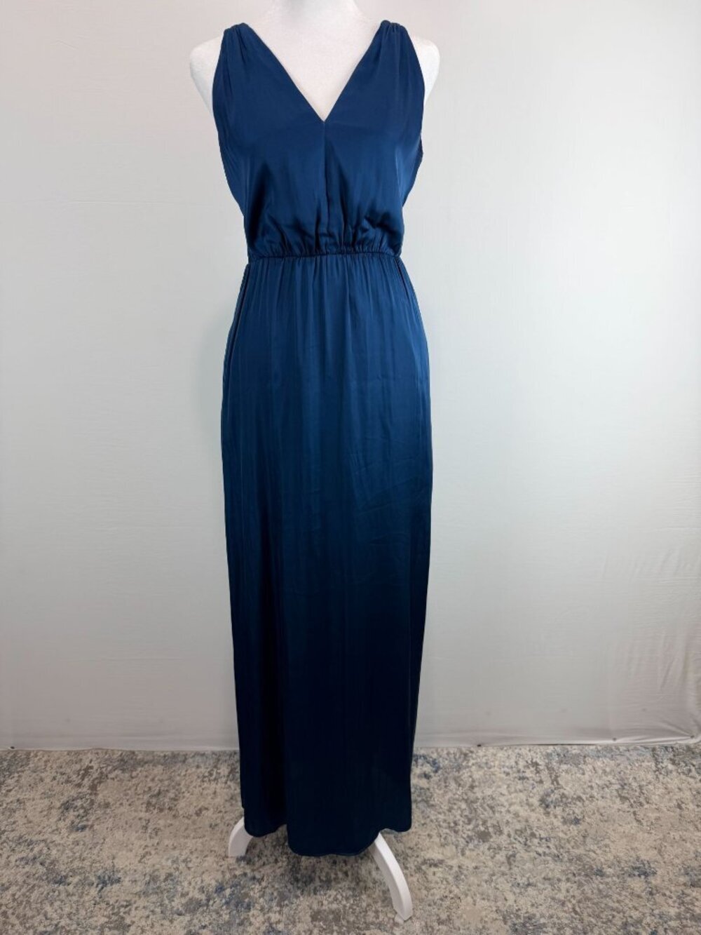 H&M dark teal satin maxi dress minimalist slip with slit and open back vibe 2